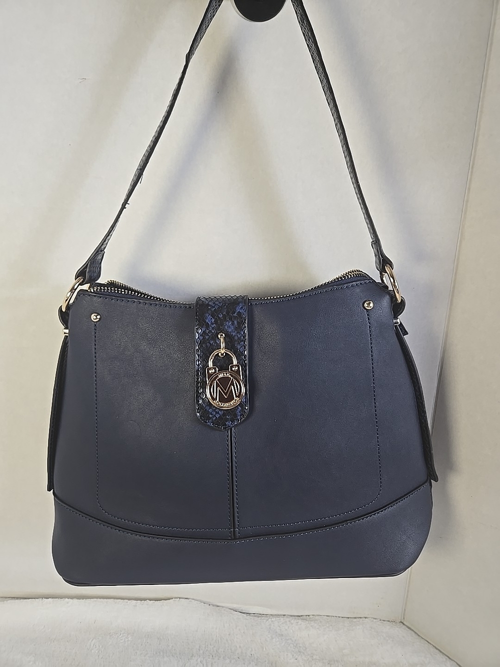 Navy Leather Shoulder Bag with Gold Accent